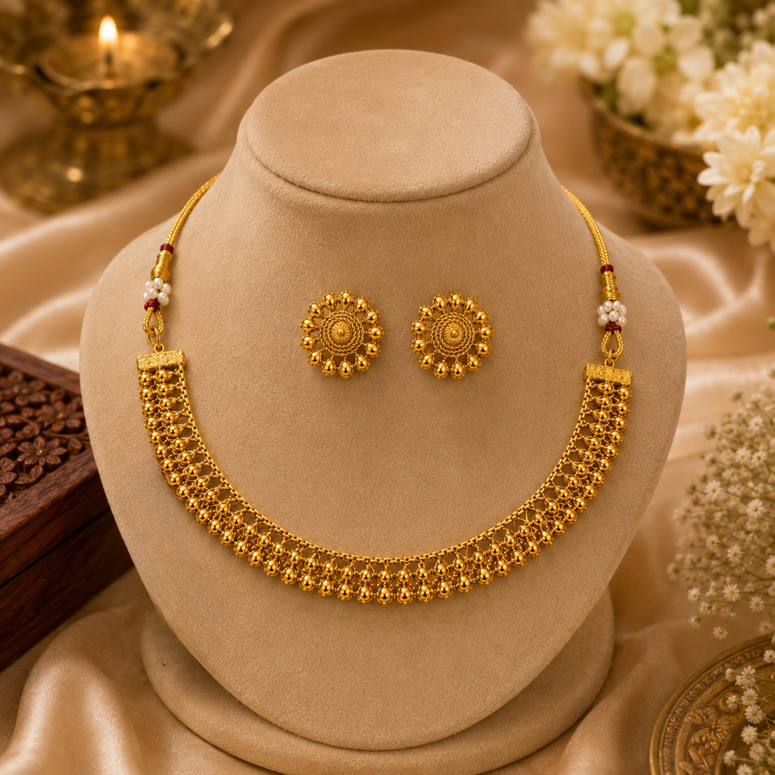 ACCESSHER Traditional Gold-Tone Choker Necklace Set for Women | Intricate Filigree Pattern Choker with Floral Stud Earrings | Ethnic Jewellery Set for Weddings & Festive Wear