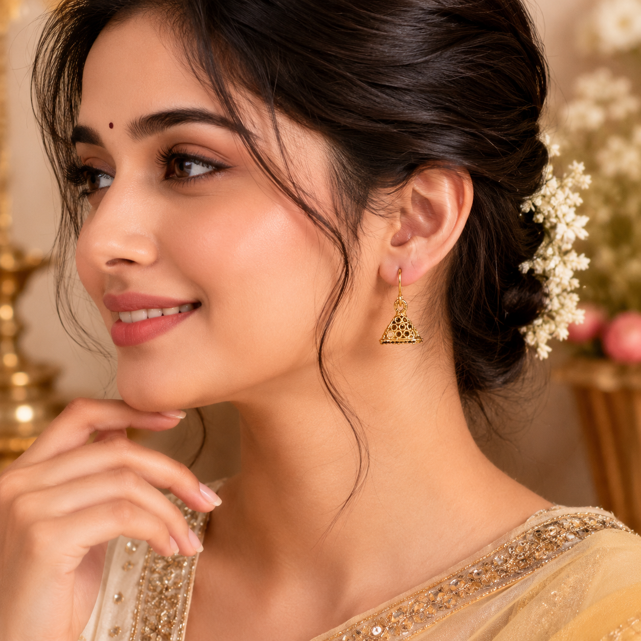ACCESSHER Floral Pearl Stud Earrings for Women & Girls | Crystal Embellished Round Stud Earrings with Push Back Closure - Image 6