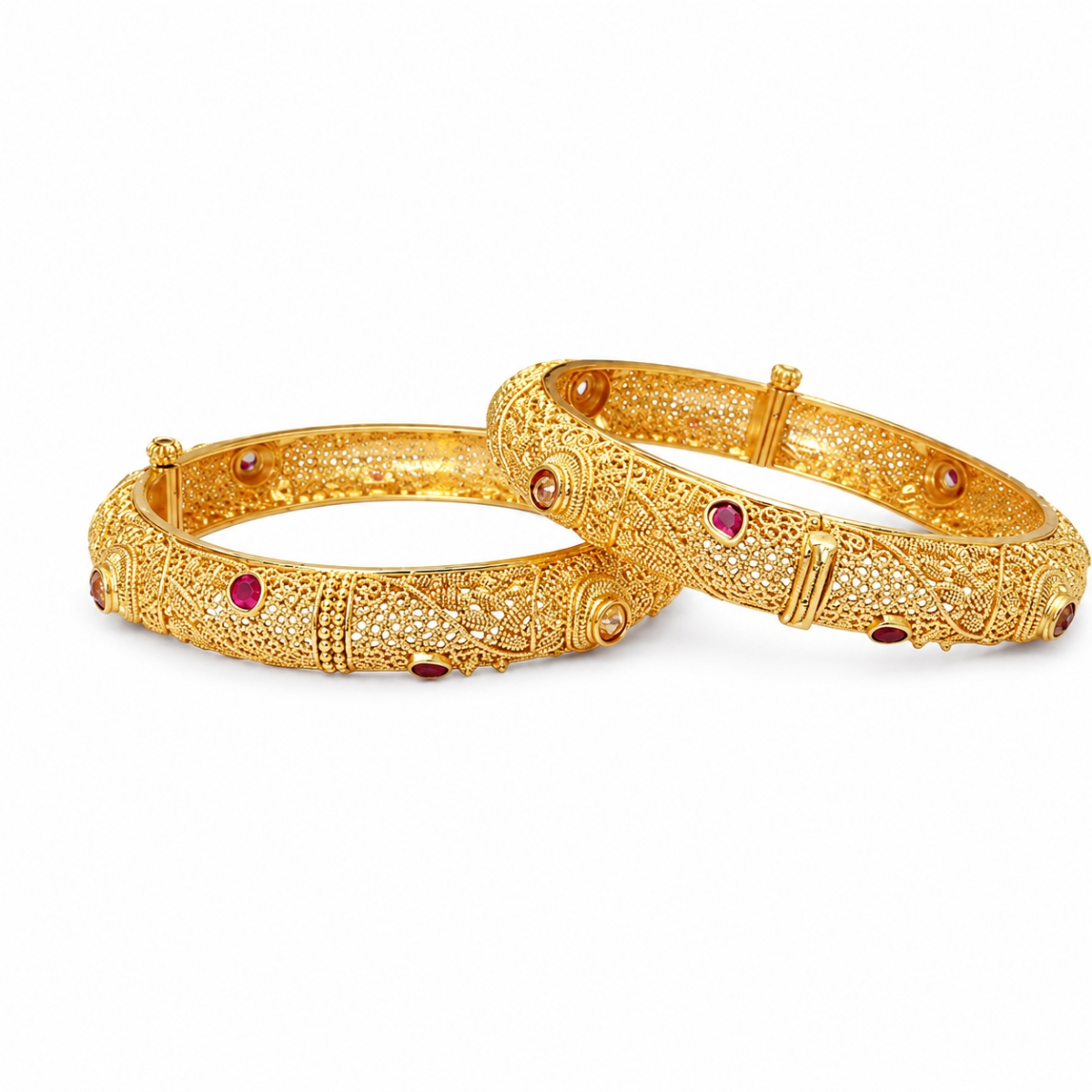 ACCESSHER Gold Plated Handcrafted Kada Bangles with Studded Stone & Textured Detailing for Women - Traditional Set of 2 (Size 2.4) - Image 4