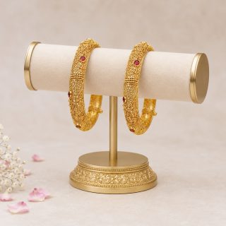 ACCESSHER Gold Plated Handcrafted Kada Bangles with Studded Stone & Textured Detailing for Women - Traditional Set of 2 (Size 2.4)
