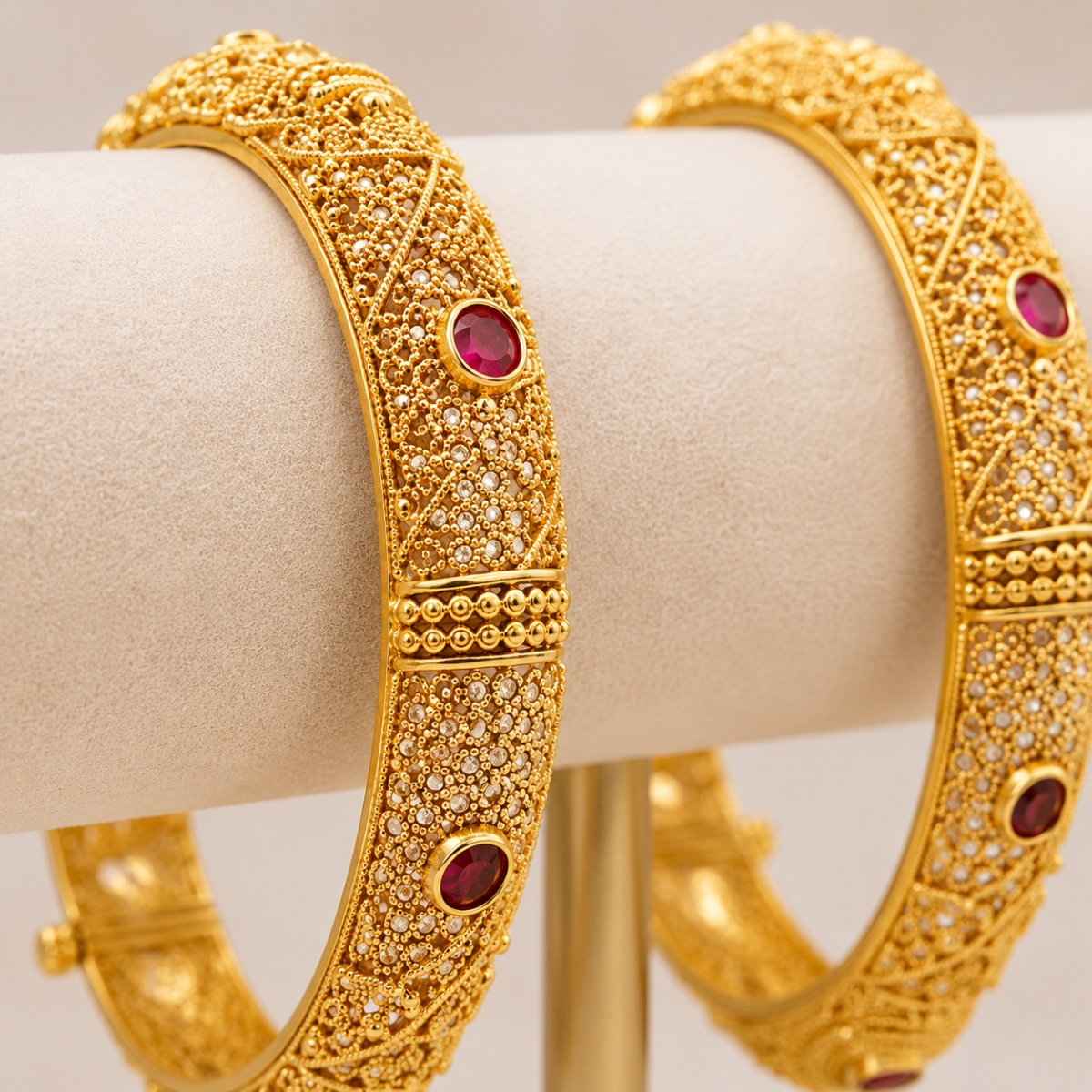 ACCESSHER Gold Plated Handcrafted Kada Bangles with Studded Stone & Textured Detailing for Women - Traditional Set of 2 (Size 2.4) - Image 2