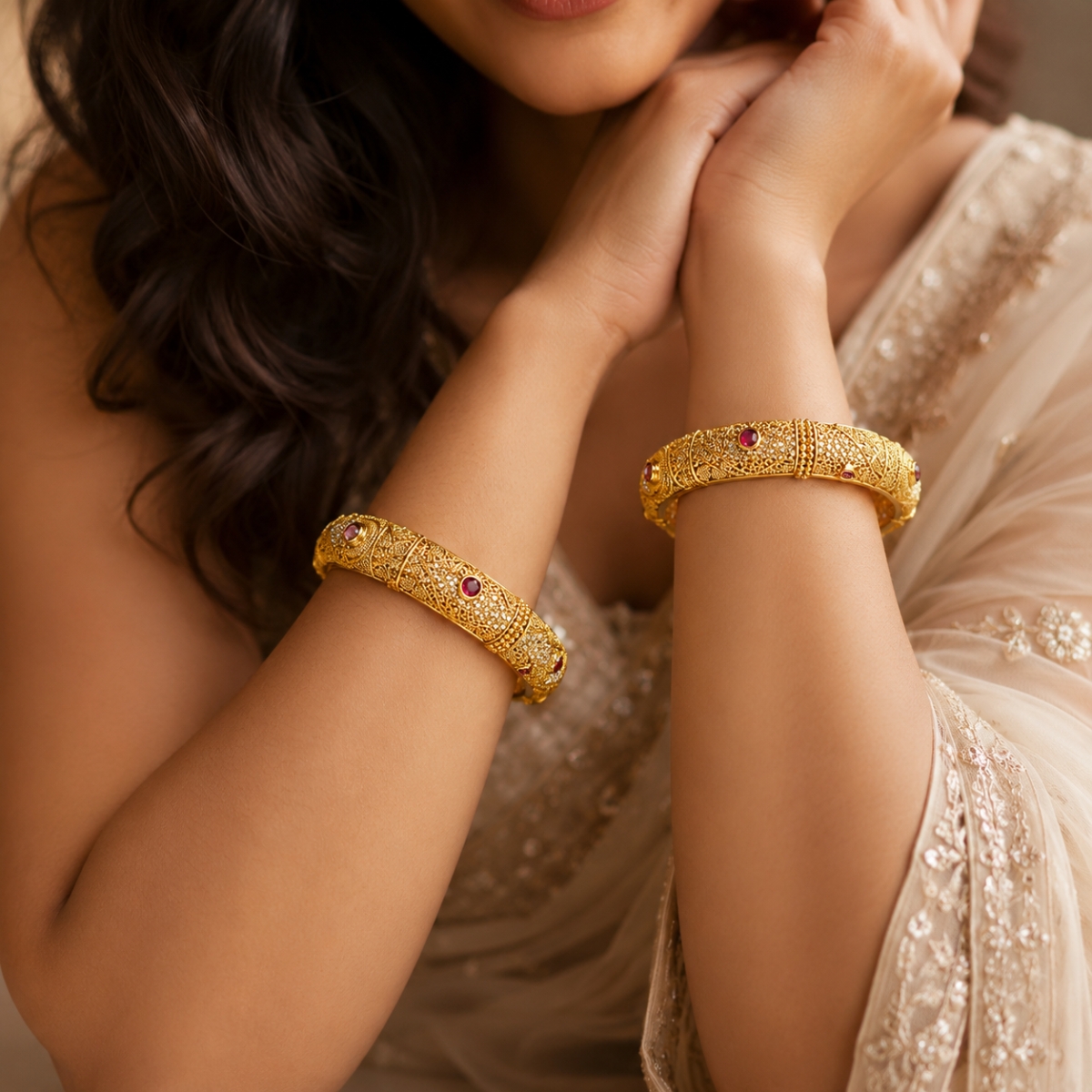 ACCESSHER Gold Plated Handcrafted Kada Bangles with Studded Stone & Textured Detailing for Women - Traditional Set of 2 (Size 2.4) - Image 5