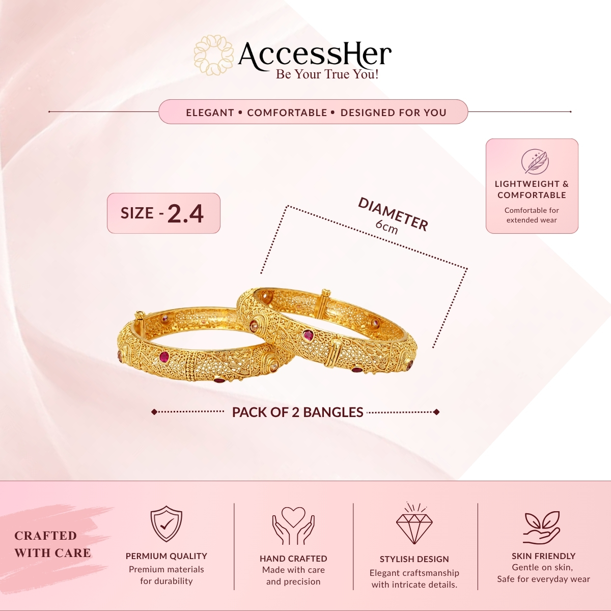 ACCESSHER Gold Plated Handcrafted Kada Bangles with Studded Stone & Textured Detailing for Women - Traditional Set of 2 (Size 2.4) - Image 6