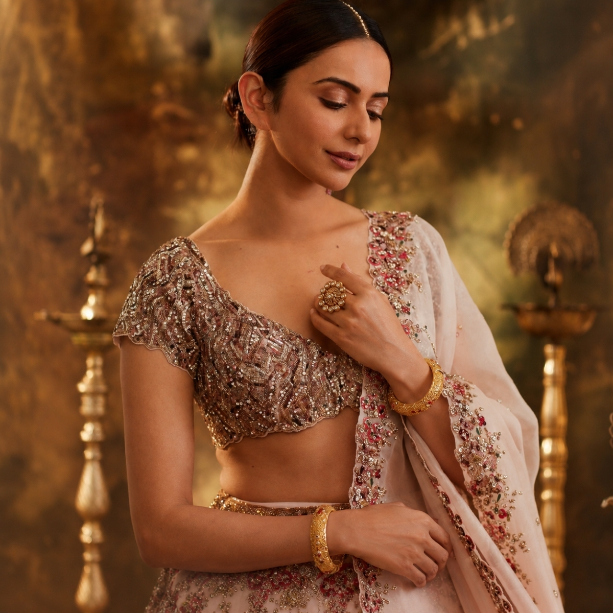 ACCESSHER Gold Plated Handcrafted Kada Bangles with Studded Stone & Textured Detailing for Women - Traditional Set of 2 (Size 2.4) - Image 3