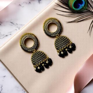 ACCESSHER Traditional Green Oxidised Golden Dome Jhumka Earrings with Textured Round Top and Beaded Drop | Elegant and Lightweight Earrings for Women & Girls