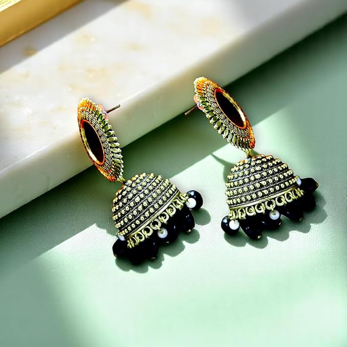 ACCESSHER Traditional Green Oxidised Golden Dome Jhumka Earrings with Textured Round Top and Beaded Drop | Elegant and Lightweight Earrings for Women & Girls - Image 3