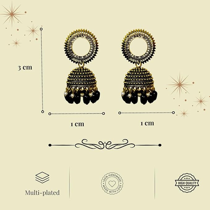 ACCESSHER Traditional Green Oxidised Golden Dome Jhumka Earrings with Textured Round Top and Beaded Drop | Elegant and Lightweight Earrings for Women & Girls - Image 5