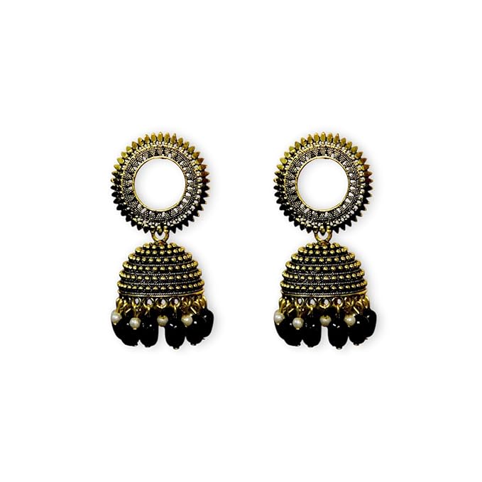 ACCESSHER Traditional Green Oxidised Golden Dome Jhumka Earrings with Textured Round Top and Beaded Drop | Elegant and Lightweight Earrings for Women & Girls - Image 4