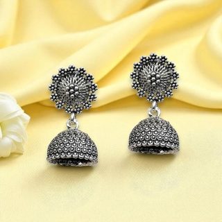 ACCESSHER Traditional Oxidised Silver Floral Jhumka Earrings | Afghani Inspired Jewellery, Small Size Jhumki | Lightweight Jhumka Earrings for Women & Girls