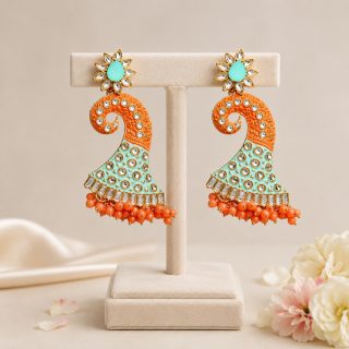 ACCESSHER Turquoise & Coral Floral Peacock Jhumka Earrings - Mirror Work in Gold Tone for Women