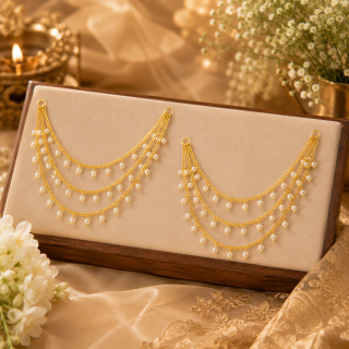 ACCESSHER Gold Plated Multi Layer Pearl Drop Ear Chain - 3 Layer Beaded Ethnic Jewellery