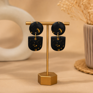 Accessher Black & Gold Geometric Dangle Earrings for Women - Handmade Polymer Clay Statement Design