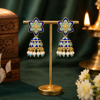 ACCESSHER Dual-Tone Floral Jhumka Earrings - Blue Stones and Pearl Detailing for Women & Girls