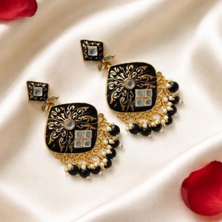 AccessHer Antique White Stone Studded Dangle Earrings - Lightweight Traditional Earrings in Gold Black