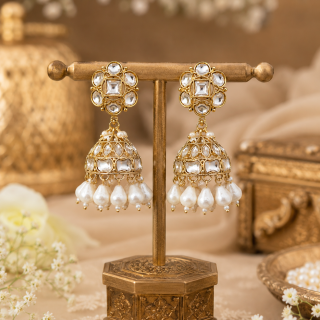 AccessHer Elegant Gold Tone Jhumka Earrings with Kundan, Faux Pearl & White Bead Detailing - Traditional Wedding Jewellery
