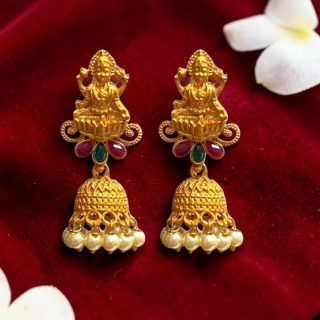 AccessHer Gold Plated Antique Mahalakshmi Jhumki Earrings with Green-Red Gem & Pearl Detailing for Women – Traditional Occasion Jewellery