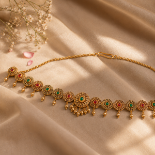 AccessHer Gold Plated Bridal Kamarbandh with Red & Green Stone Detailing - Traditional Waist Belt