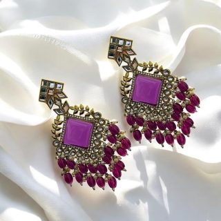 AccessHer Gold Tone Dangler Earrings with Faux Pearl Detailing - Lightweight Ethnic Jewellery in Purple