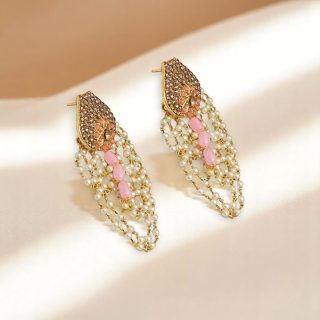 AccessHer Gold Tone Earrings for Women | Crystal Studded Floral Danglers & White Beaded Pearls | Lightweight & Stylish Traditional Earrings for Women & Girls (Red)