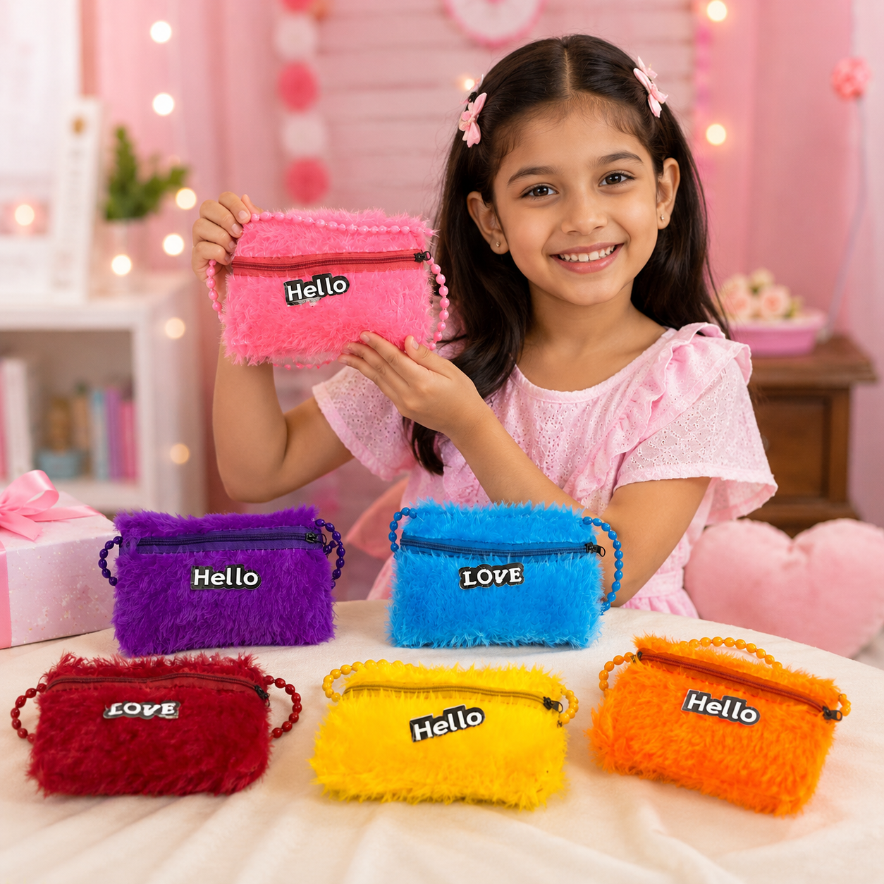 AccessHer Mini Colorful Fur Gift Bags for Girls - Medium Size Return Gift Pack for Kanya Pujan, Navratri & Birthday Celebrations (Pack of 6) - Image 2