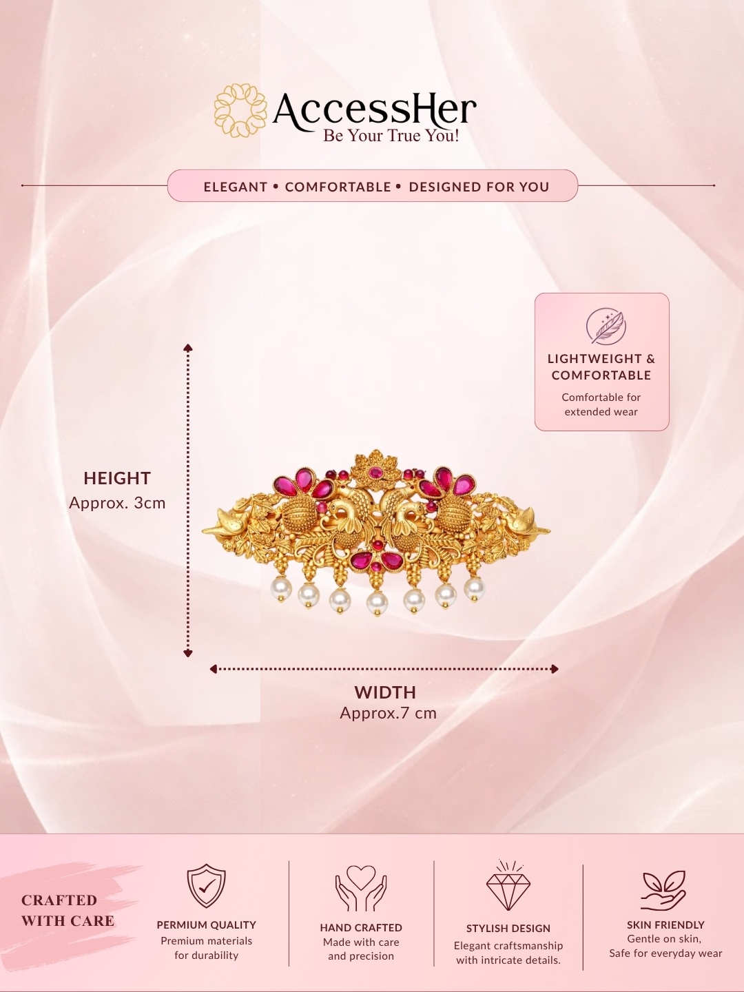 Accessher Matte Gold Plated Peacock Design Bridal Hair Barrette with Pearl Drops - Image 4