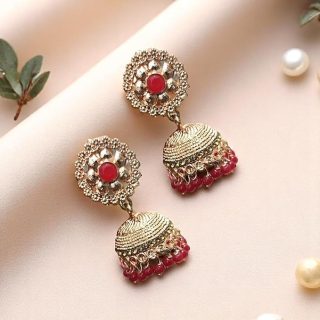 AccessHer Gold Tone Leaf Style Jhumka Earrings with Red Stone Detailing – Lightweight Traditional Jewellery]