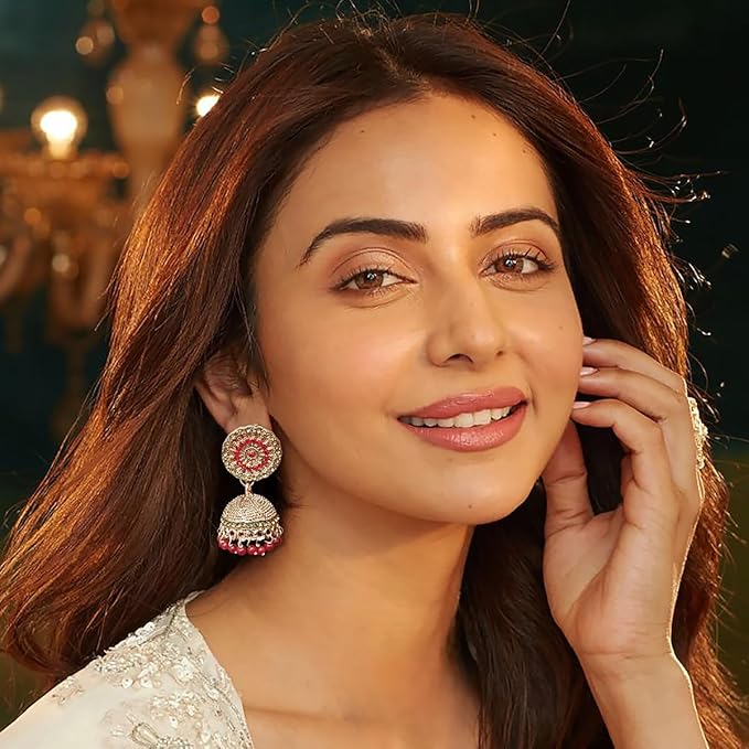 AccessHer Red Jhumka Earrings for Women | Gold Tone, Leaf Style with Red Studded Stones | Lightweight & Stylish Traditional Earrings for Women & Girls (Design 10) - Image 3