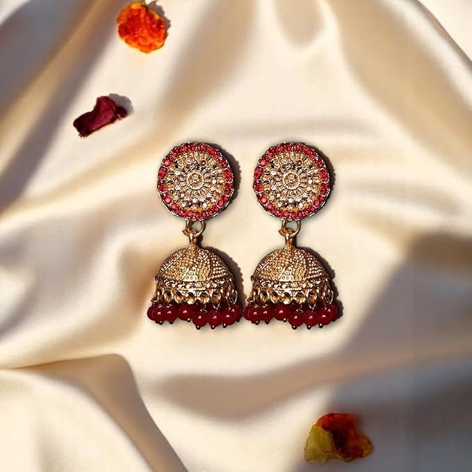 AccessHer Red Jhumka Earrings for Women | Gold Tone, Leaf Style with Red Studded Stones | Lightweight & Stylish Traditional Earrings for Women & Girls (Design 10)