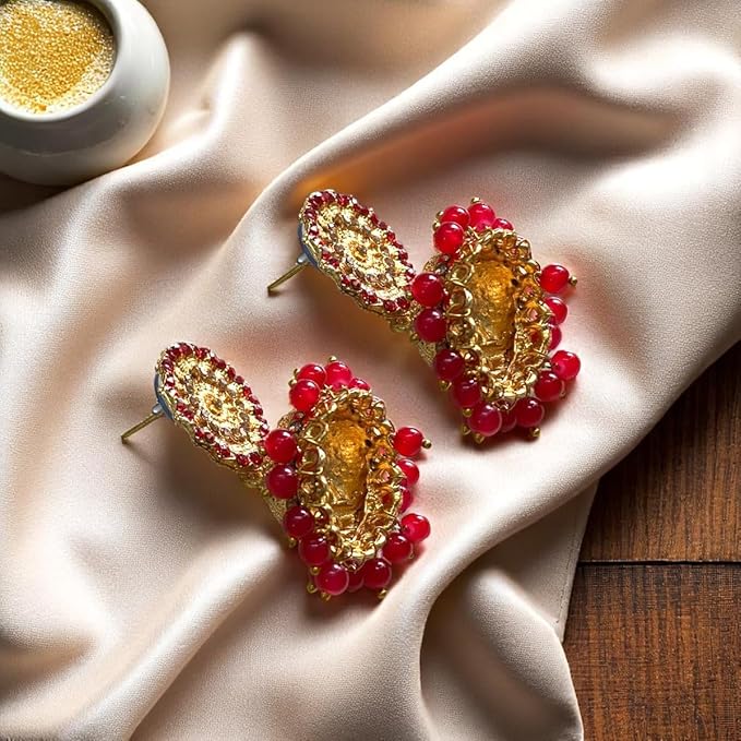 AccessHer Red Jhumka Earrings for Women | Gold Tone, Leaf Style with Red Studded Stones | Lightweight & Stylish Traditional Earrings for Women & Girls (Design 10) - Image 4
