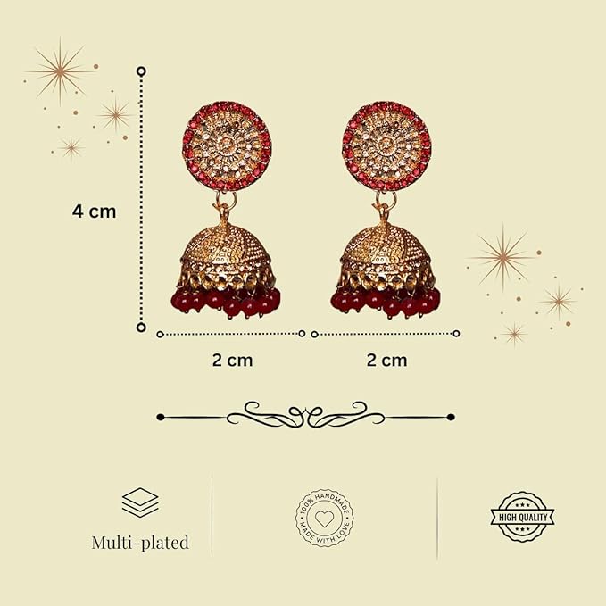 AccessHer Red Jhumka Earrings for Women | Gold Tone, Leaf Style with Red Studded Stones | Lightweight & Stylish Traditional Earrings for Women & Girls (Design 10) - Image 5