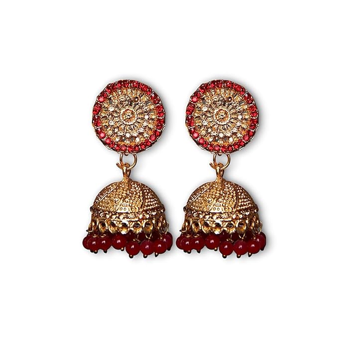 AccessHer Red Jhumka Earrings for Women | Gold Tone, Leaf Style with Red Studded Stones | Lightweight & Stylish Traditional Earrings for Women & Girls (Design 10) - Image 2