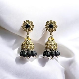 AccessHer Elegant Gold Tone Jhumka Earrings with Kundan, Faux Pearl & White Bead Detailing - Traditional Wedding Jewellery