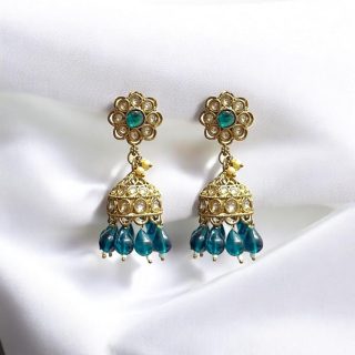 ACCESSHER Gold Tone Jhumka Earrings with Kundan, Faux Pearl & Lavender Bead Detailing - Occasion Wear in Teal Green