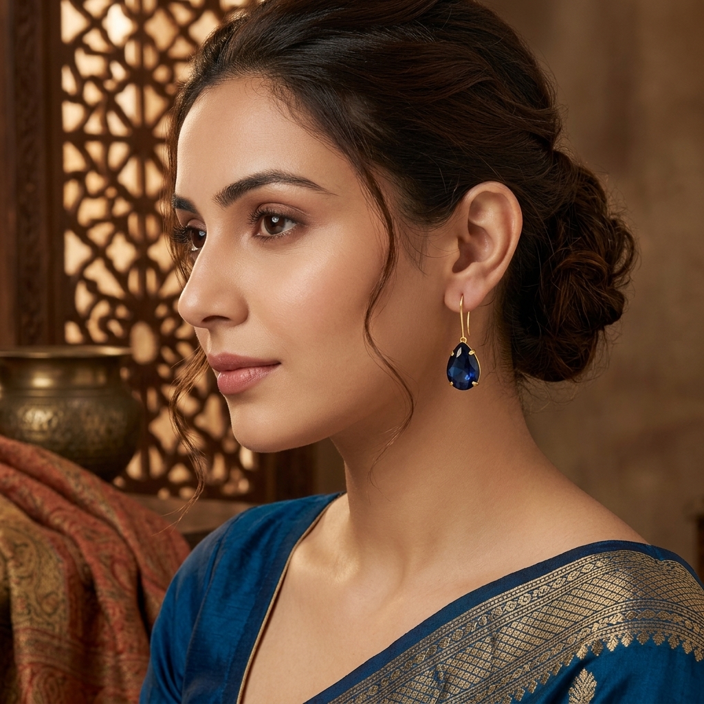 Accessher Gold Plated Tear Drop Dangle Earrings - Blue Stone Detailing - Image 6