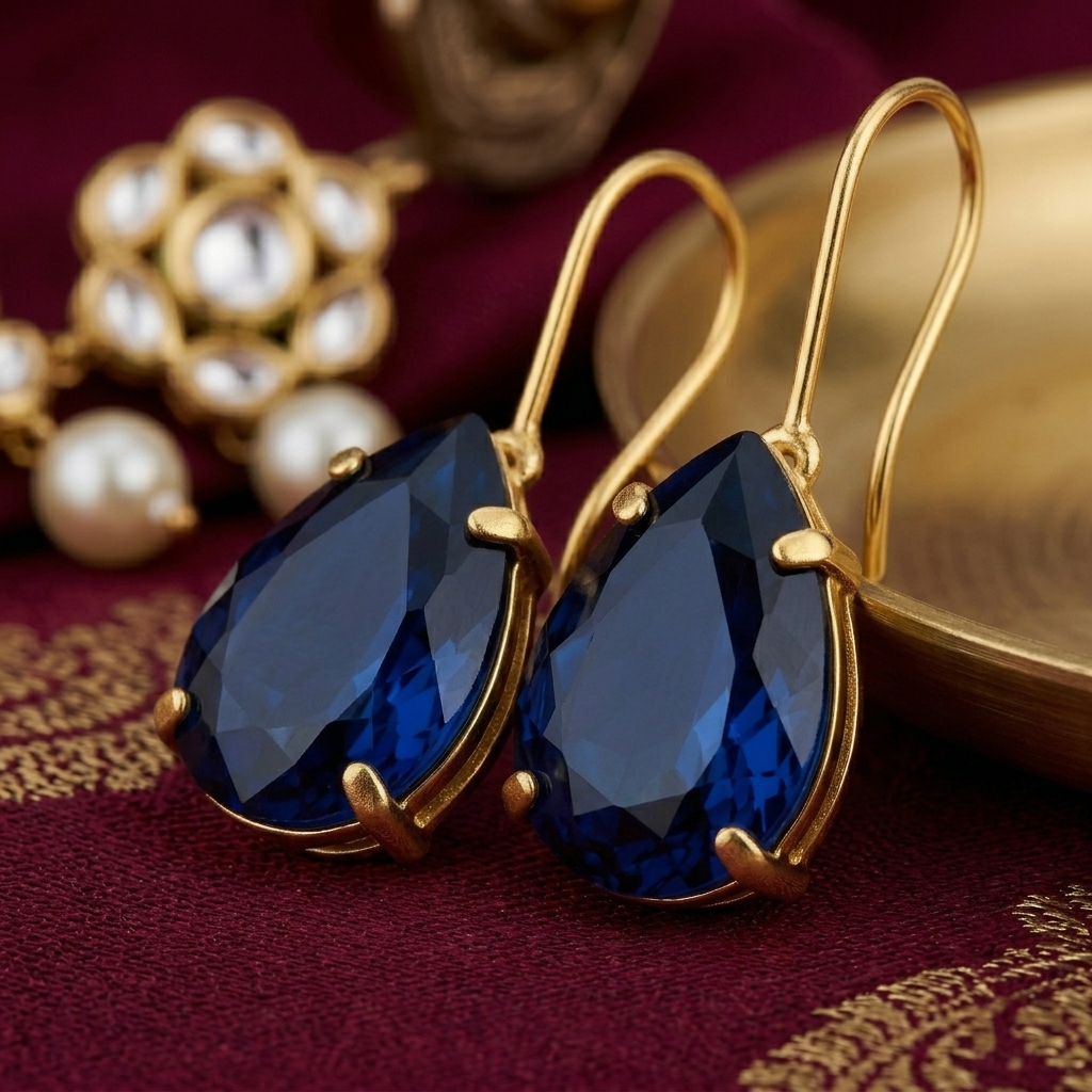Accessher Gold Plated Tear Drop Dangle Earrings - Blue Stone Detailing - Image 4