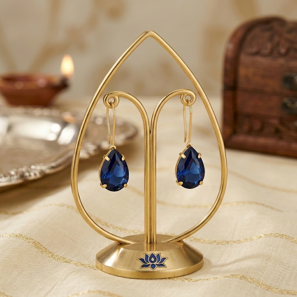 Accessher Gold Plated Tear Drop Dangle Earrings - Blue Stone Detailing - Image 2
