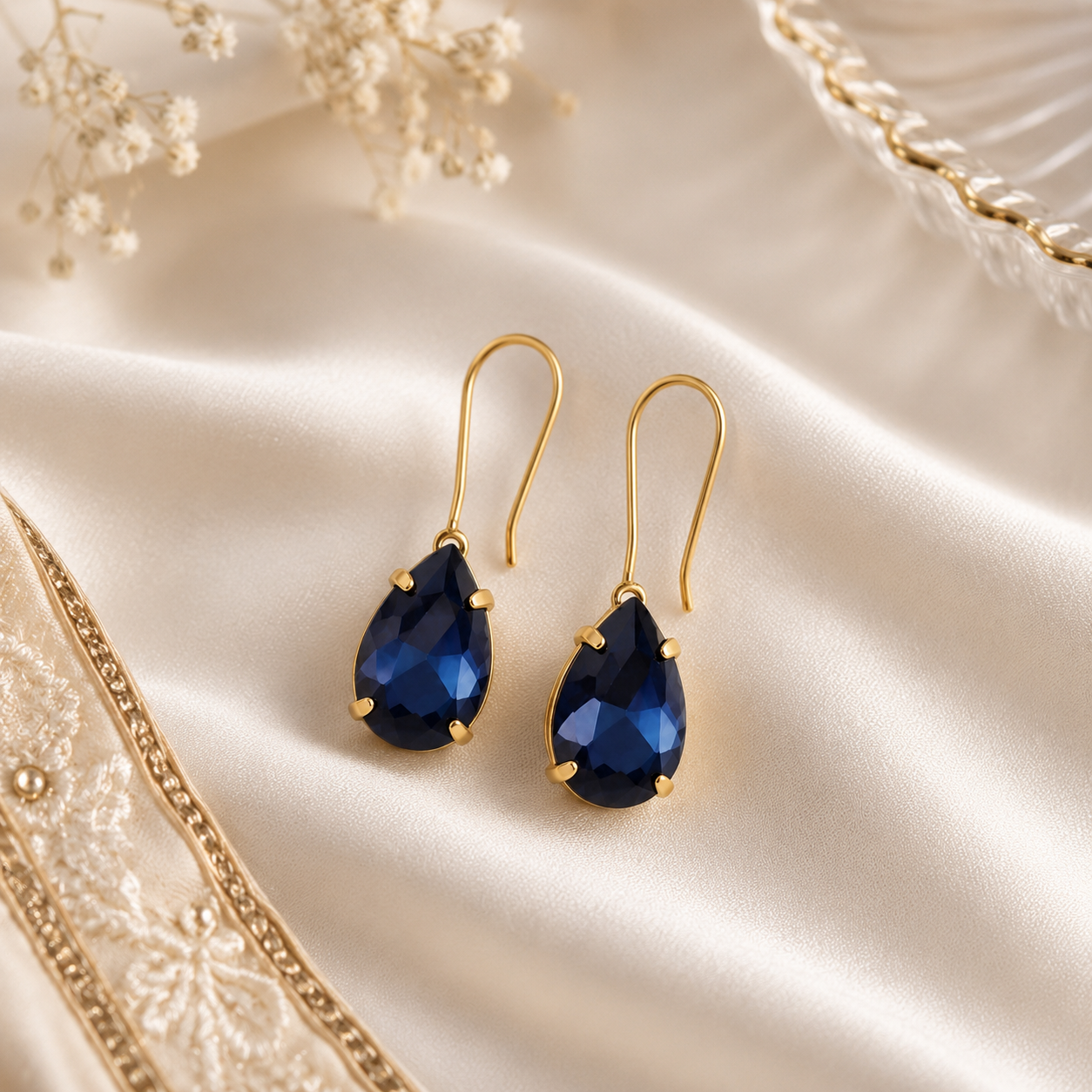 Accessher Gold Plated Tear Drop Dangle Earrings - Blue Stone Detailing