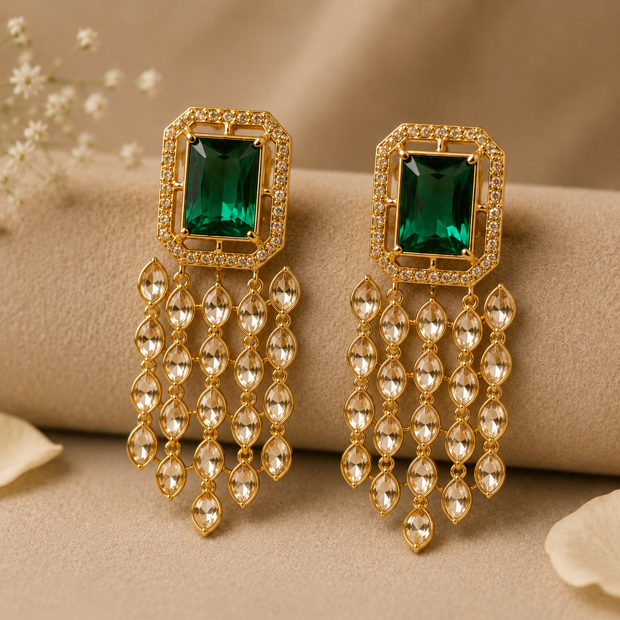 Accessher Gold Plated Indo-Western Dangle Earrings - Emerald & Rhinestone Detailing