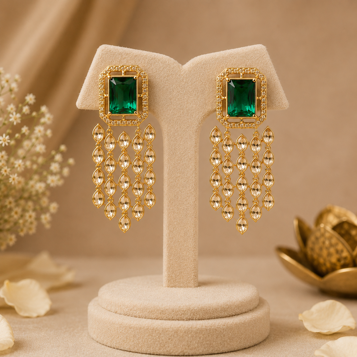 Accessher Gold Plated Indo-Western Dangle Earrings - Emerald & Rhinestone Detailing - Image 4