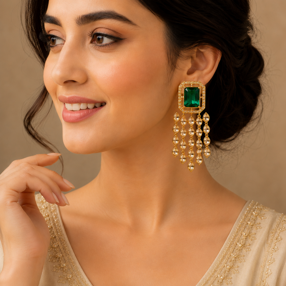Accessher Gold Plated Indo-Western Dangle Earrings - Emerald & Rhinestone Detailing - Image 5
