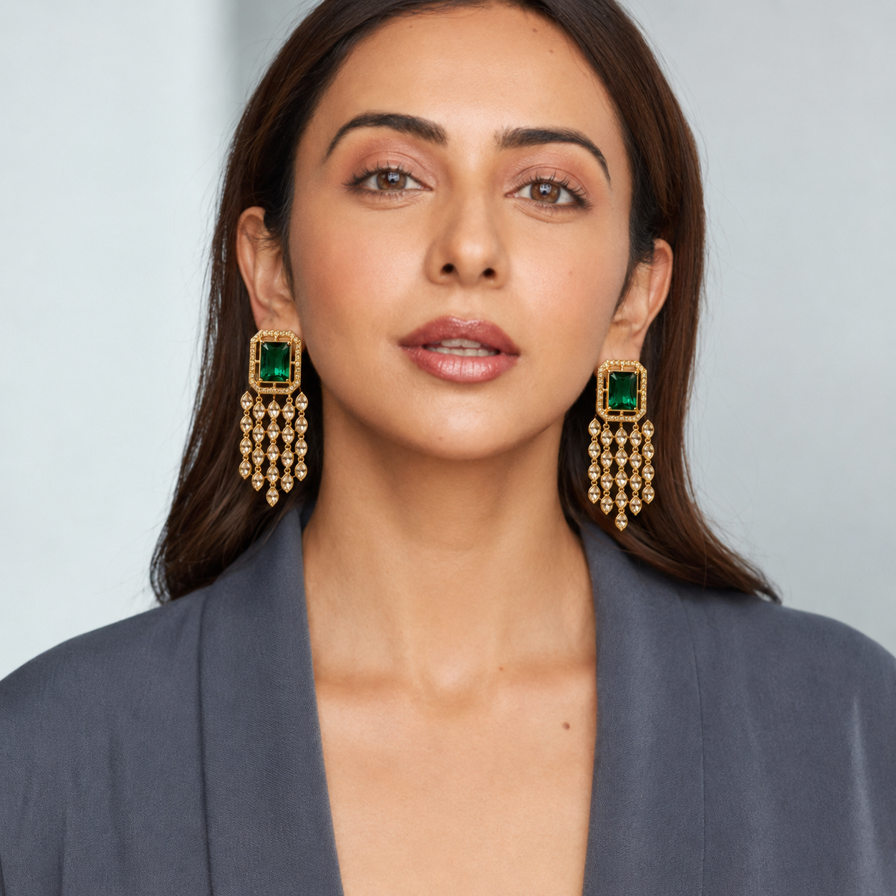 Accessher Gold Plated Indo-Western Dangle Earrings - Emerald & Rhinestone Detailing - Image 3