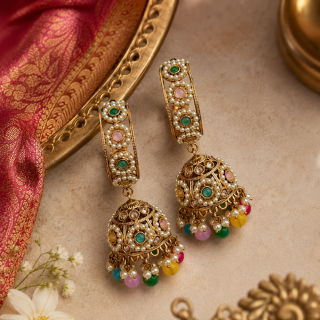Accessher Gold Plated Kundan Chandbali Jhumka Earrings - Pearl & Multicolour Bead Detailing