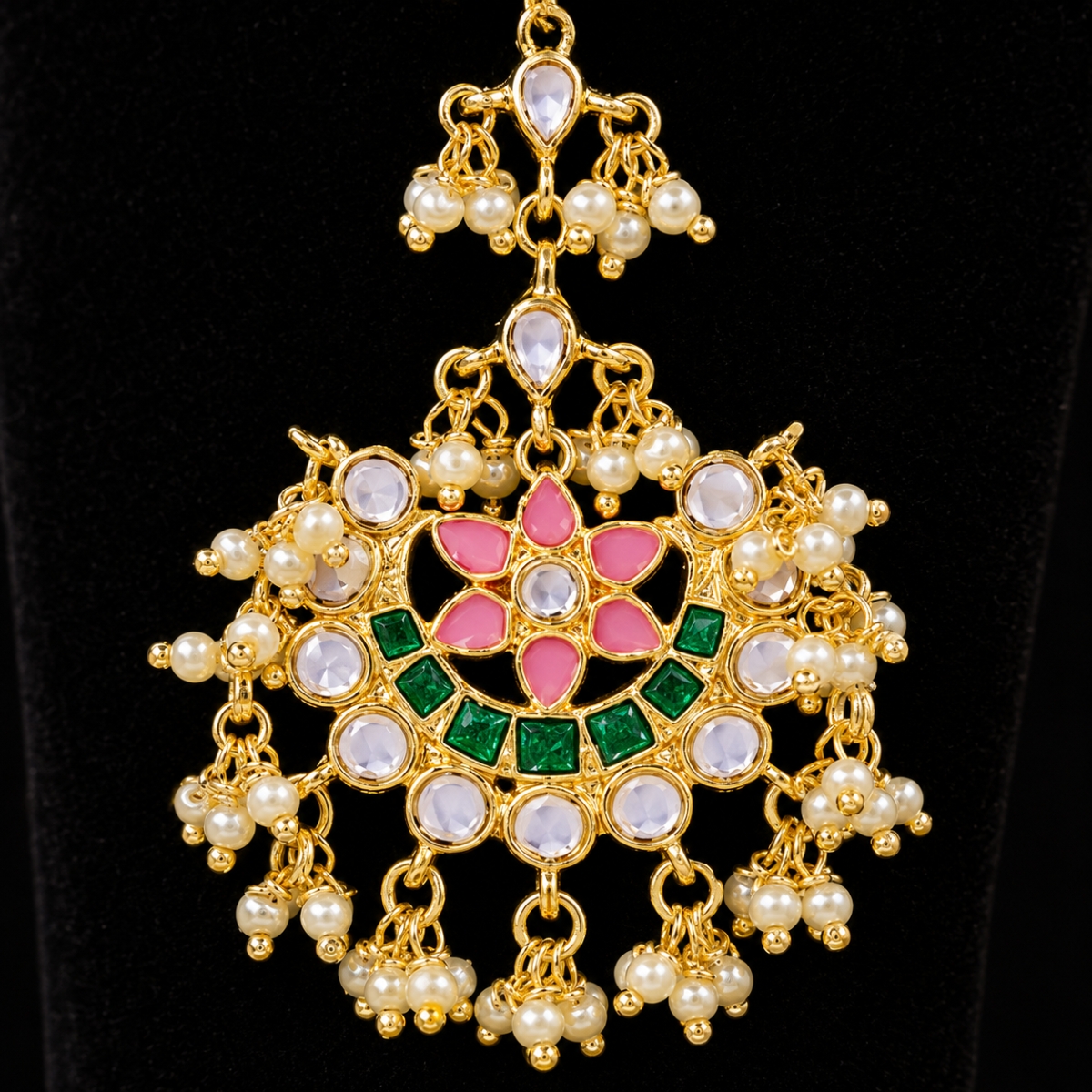 Accessher Gold-Plated Kundan & Multicolour Meenakari Chandbali Maang Tika with Pearl Detailing for Women & Girls