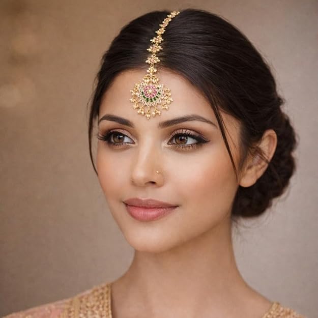 Accessher Gold-Plated Kundan & Multicolour Meenakari Chandbali Maang Tika with Pearl Detailing for Women & Girls - Image 4