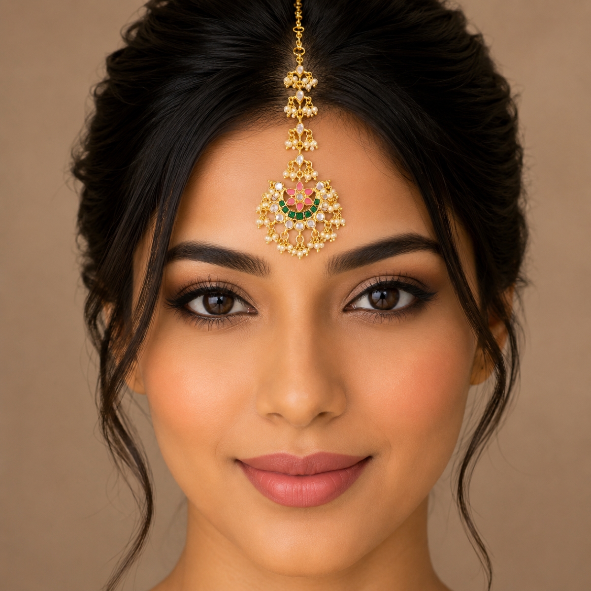 Accessher Gold-Plated Kundan & Multicolour Meenakari Chandbali Maang Tika with Pearl Detailing for Women & Girls - Image 3