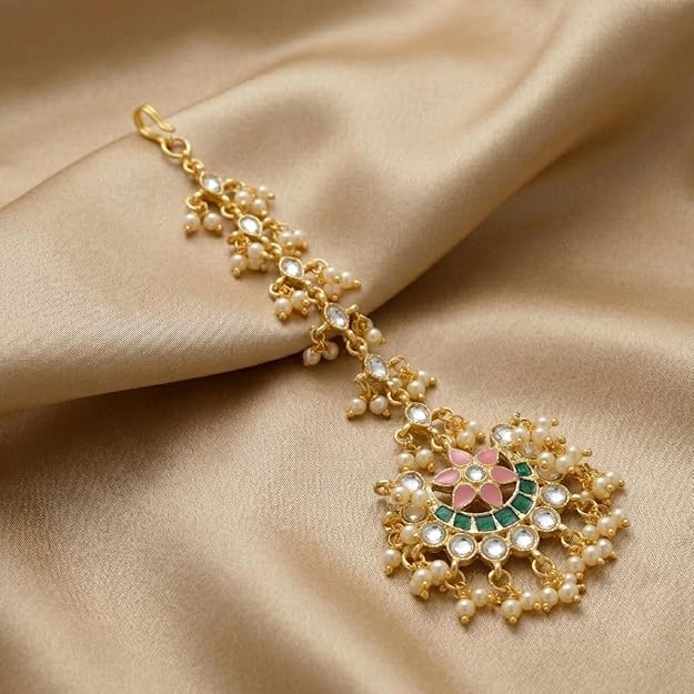 Accessher Gold-Plated Kundan & Multicolour Meenakari Chandbali Maang Tika with Pearl Detailing for Women & Girls