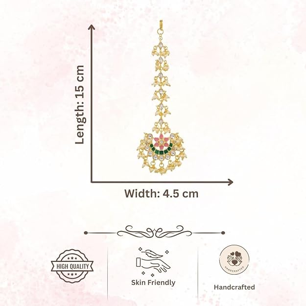 Accessher Gold-Plated Kundan & Multicolour Meenakari Chandbali Maang Tika with Pearl Detailing for Women & Girls - Image 5