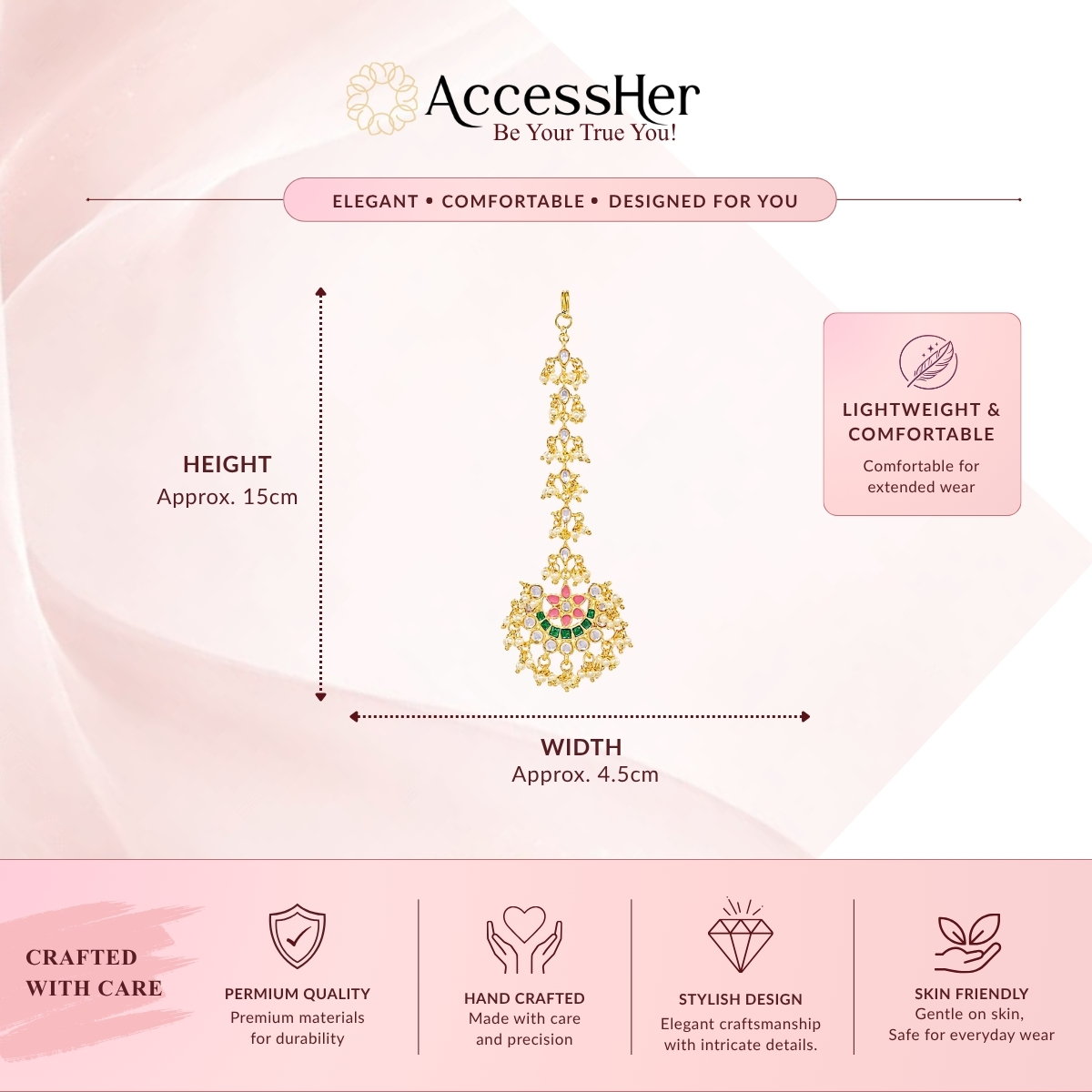 Accessher Gold-Plated Kundan & Multicolour Meenakari Chandbali Maang Tika with Pearl Detailing for Women & Girls - Image 5
