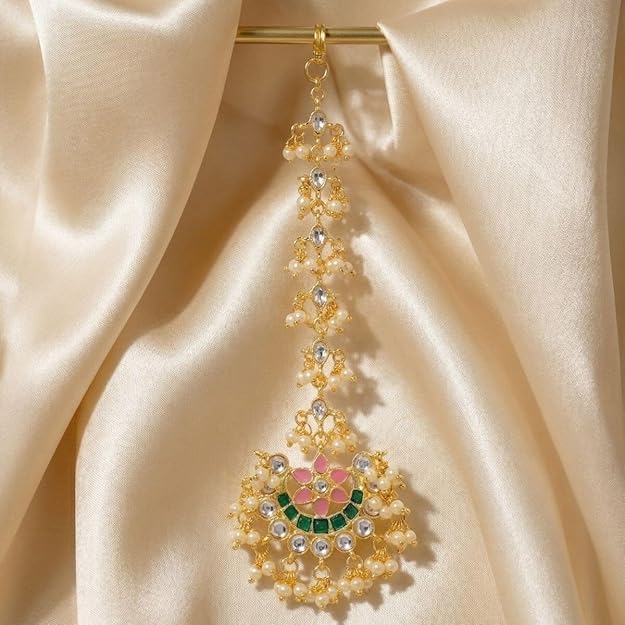 Accessher Gold-Plated Kundan & Multicolour Meenakari Chandbali Maang Tika with Pearl Detailing for Women & Girls - Image 2