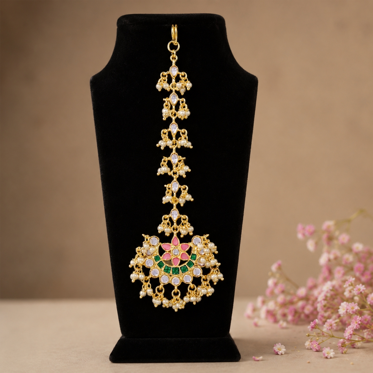 Accessher Gold-Plated Kundan & Multicolour Meenakari Chandbali Maang Tika with Pearl Detailing for Women & Girls - Image 2